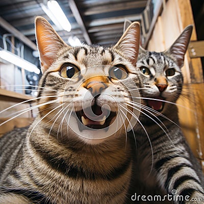 cat laughing while taking selfie photo with his best friend kitty Stock Photo