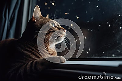 cat with its head out of window, enjoying the view of the stars and planets Stock Photo