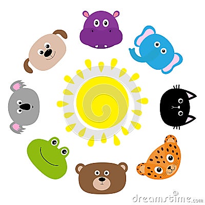 Cat, jaguar, dog, hippopotamus, elephant, bear, frog, koala. Roundelay sun. Zoo animal head face. Cute cartoon character set. Baby Vector Illustration
