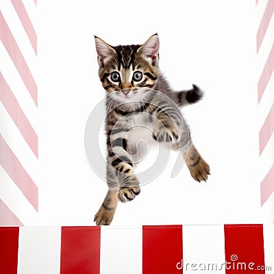 a cat jumping over a red and white striped barrier Stock Photo