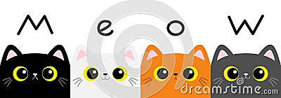 Cat kitten set. Meow text. Square head face banner. Cute cartoon character. Kawaii baby pet animal. Yellow eyes. Notebook cover, Vector Illustration