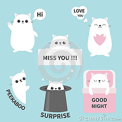 Cat kitten sticker emotion emoji icon set. Miss you. Hi. Good night, love you. Funny head face. Cute cartoon character. Magic hat. Vector Illustration