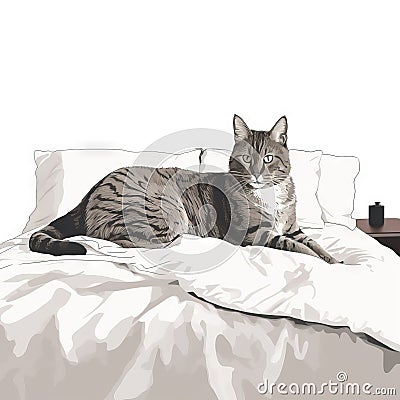 a cat laying on a bed with a white comforter Stock Photo