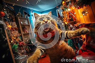 A cat left alone at home wreaks havoc in a room decorated for Christmas Stock Photo
