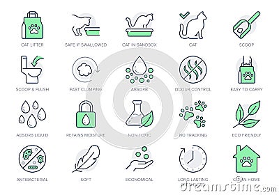 Cat litter line icons. Vector illustration include icon - sandbox, kitty tray filter, bag, biodegradable, natural Vector Illustration