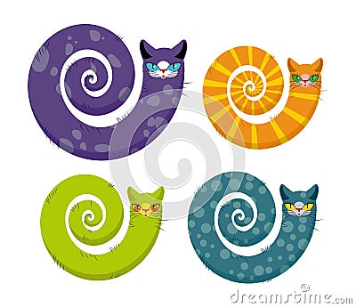 Cat with long tail. Snake cat. Set of fantastic animals color c Vector Illustration