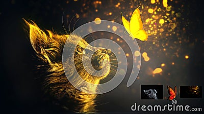 A cat look a spritual butterfly Photoshop manupulation photo Stock Photo