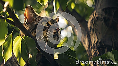The cat looked up at the forest trees Stock Photo
