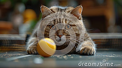 Cat looking at a ball on a tennis table with a blurred background Stock Photo