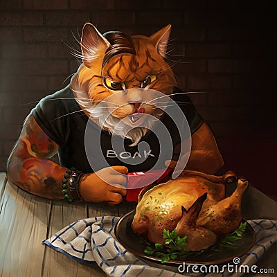 Cat looking at fried chicken Stock Photo