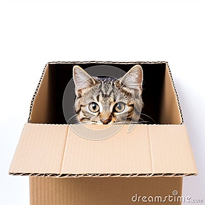 cat looking out of the cardboard box Stock Photo
