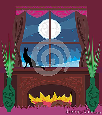 Cat looks out the window Vector Illustration