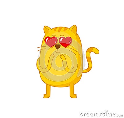 Cat in love. Heart in eyes. Ginger cat. Mascot character. Friendly friendship. Cartoon vector. Cartoon Illustration