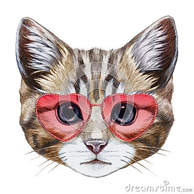 Cat in Love! Portrait of Cat with heart shaped sunglasses. Cartoon Illustration