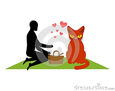 Cat lover on picnic. my kitty. blanket and basket for food on la Vector Illustration