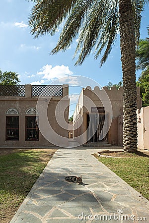 The cat is lying on the sidewalk in front of the historical archive in the Heritage in Abu Dhabi. Editorial Stock Photo