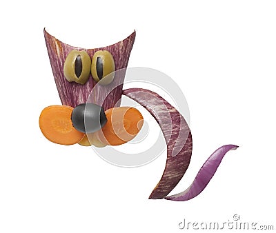 Cat made of onion, eggplant, carrot and olives Stock Photo