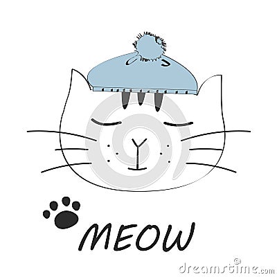 Cat meow vector illustration drawing with writing, black outlines of cat`s head, cat snout with ears, whiskers and paws Vector Illustration