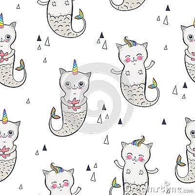 Cat Mermaid seamless pattern. Happy twins. Vector illustration EPS 10 Vector Illustration