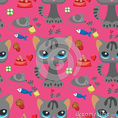 Cat and mouse cute kitty pet cartoon cute animal cattish character seamless pattern background catlike illustration Vector Illustration