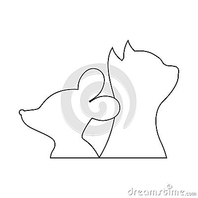 Contour mouse and cat together. Sketch logo. Side view. Friends mouse and kitten together on white background. Vector Illustration