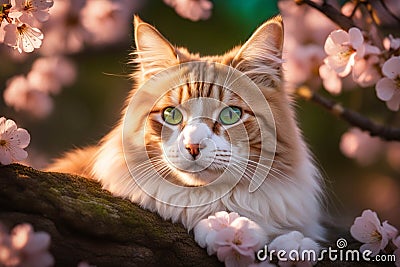Cat nestled in a bed of cherry blossoms Stock Photo