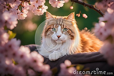 Cat nestled in a bed of cherry blossoms Stock Photo