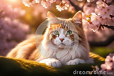 Cat nestled in a bed of cherry blossoms Stock Photo