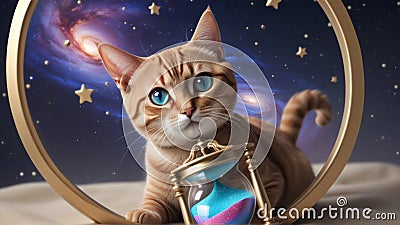 Cat in Nighttime Feline Gazing at Moon Stock Photo