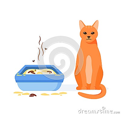 Cat not using dirty litter box. Wrong way to maintain cat toilet. Pet toilet hygiene concept. Flat vector illustration Vector Illustration