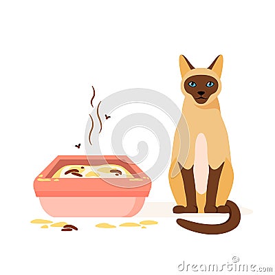 Cat not using dirty litter box. Wrong way to maintain cat toilet. Pet toilet hygiene concept. Flat vector illustration Vector Illustration