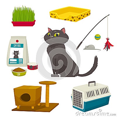 Cat object set, items and stuff, vector cartoon illustration Vector Illustration