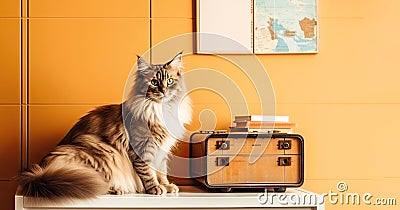 Cat at the old radio, yellow background with posters, AI generated retro style illustration, cat day Cartoon Illustration