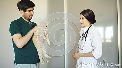 Cat owner man talking with vet woman in veterinarian office Stock Photo