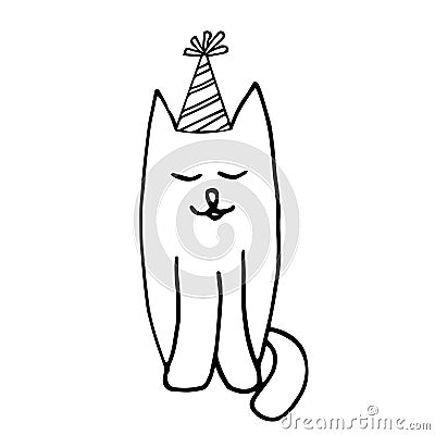 Cat in party hat with closed eyes sketch icon, sticker, card, poster hand drawn doodle, scandinavian, minimalism, monochrome. Stock Photo