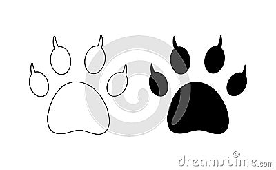 Cat paw footprint with claws on white. Vector. Silhouette, contour. Traces of tiger, lion, leopard, cheetah, jaguar Vector Illustration