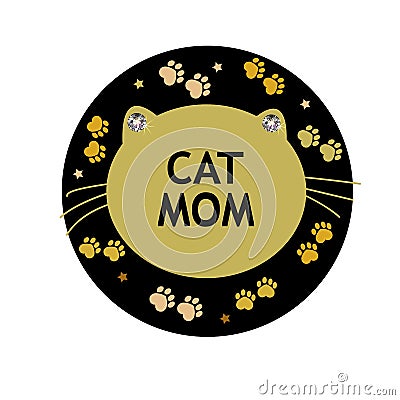 Cat and paw prints black and golden colored white background. Mother`s Day ``Cat Mom text`` greeting card Vector Illustration