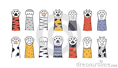 Cat paws. Doodle animal foot, cute cartoon kitten and puppy paws, wild and domestic animals foots. Vector kitty and dog Vector Illustration
