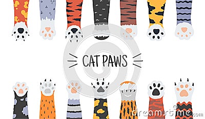 Cat paws. Hand drawn funny puppies and kittens claws and foots, wild animals and pets paws. Vector doodle cartoon dog Vector Illustration