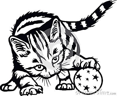 Domestic Cat, Peeking kitten - Cheerful kitty isolated on white - vector stock Vector Illustration