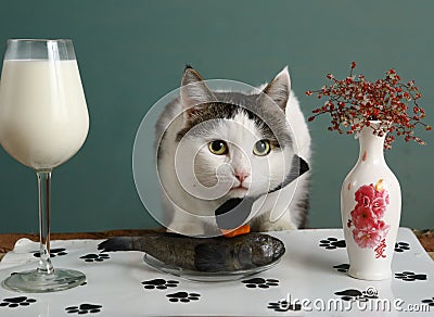 Cat in pet restaurant with raw fish and milk in wine glass Stock Photo