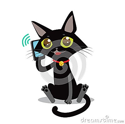 Cat With Phone. Sociable Cat Vector Picture. Cat Toy Picture. Vector Illustration