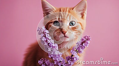 cat on pink background Portrait of red kitten with lilac bouquet on pink background Stock Photo