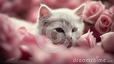 cat on a pink background A tiny kitten with a coat as soft as silk, snoozing soundly amidst a bed of lush pink roses, Stock Photo