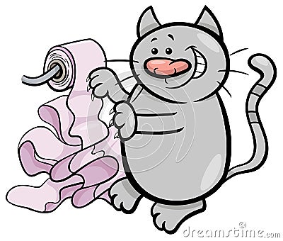 Cat play with toilet paper cartoon Vector Illustration