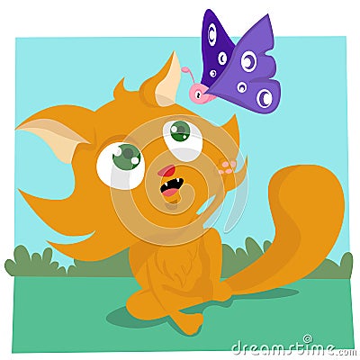 Cat playing with butterfly Vector Illustration