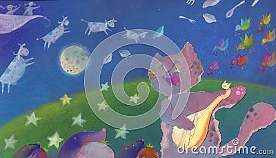 cat playing a fiddle on a moonlit fantasy night Cartoon Illustration