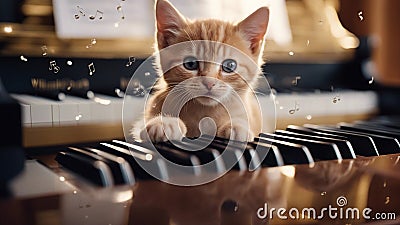 cat playing piano A mischievous kitten with a playful smirk, causing musical chaos on a grand piano, with notes Stock Photo