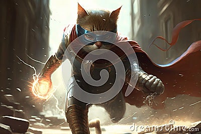 Cat playing the role of a superhero, wearing a cape and mask and using its claws to fight off alien invaders illustration Cartoon Illustration