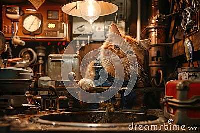 Cat Plumber, Handsome Positive Sanitary Technician Cat, Cat Repair Plumbing, Sink Installation Stock Photo